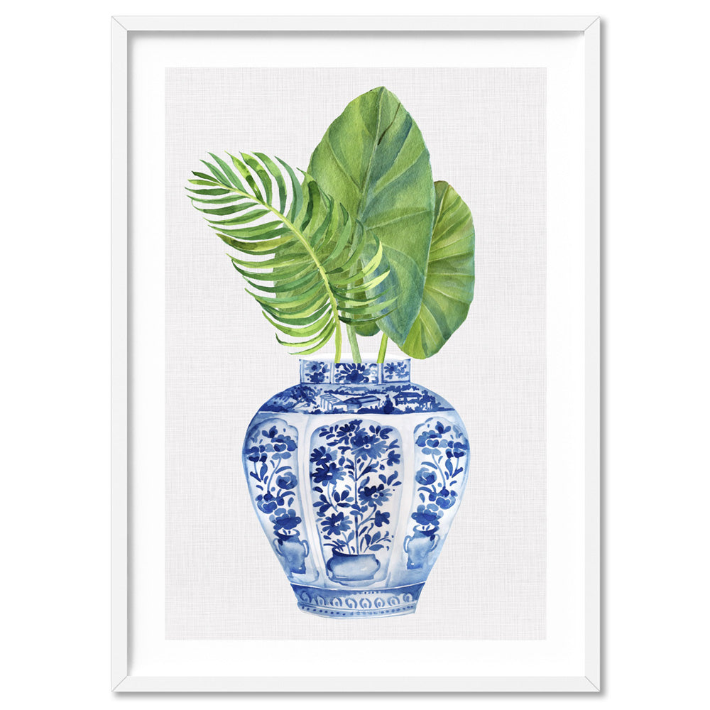 Palm Leaves Ginger Jar I - Art Print, Poster, Stretched Canvas, or Framed Wall Art Print, shown in a white frame