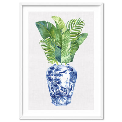 Palm Leaves Ginger Jar II - Art Print, Poster, Stretched Canvas, or Framed Wall Art Print, shown in a white frame