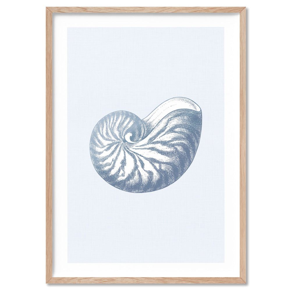 Sea Shells in Blue | Nautilus Shell - Art Print, Poster, Stretched Canvas, or Framed Wall Art Print, shown in a natural timber frame