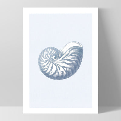 Sea Shells in Blue | Nautilus Shell - Art Print, Poster, Stretched Canvas, or Framed Wall Art Print, shown as a stretched canvas or poster without a frame