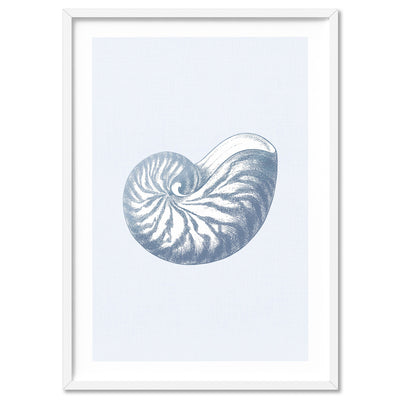 Sea Shells in Blue | Nautilus Shell - Art Print, Poster, Stretched Canvas, or Framed Wall Art Print, shown in a white frame