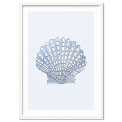 Sea Shells in Blue | Lions Paw Scallop - Art Print, Poster, Stretched Canvas, or Framed Wall Art Print, shown in a white frame