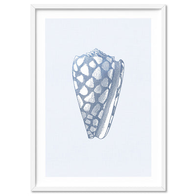 Sea Shells in Blue | Cone  Shell - Art Print, Poster, Stretched Canvas, or Framed Wall Art Print, shown in a white frame
