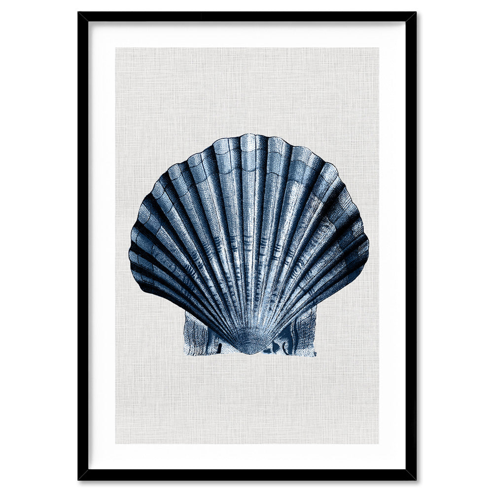 Sea Shells in Navy | Sea Scallop - Art Print, Poster, Stretched Canvas, or Framed Wall Art Print, shown in a black frame