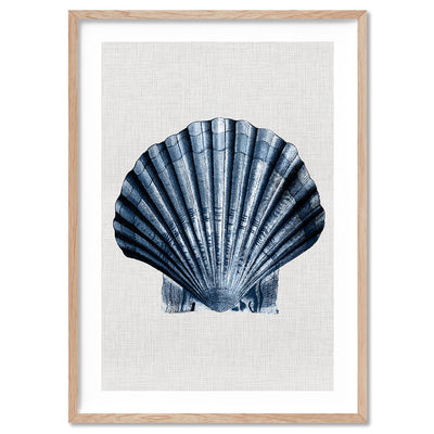 Sea Shells in Navy | Sea Scallop - Art Print, Poster, Stretched Canvas, or Framed Wall Art Print, shown in a natural timber frame