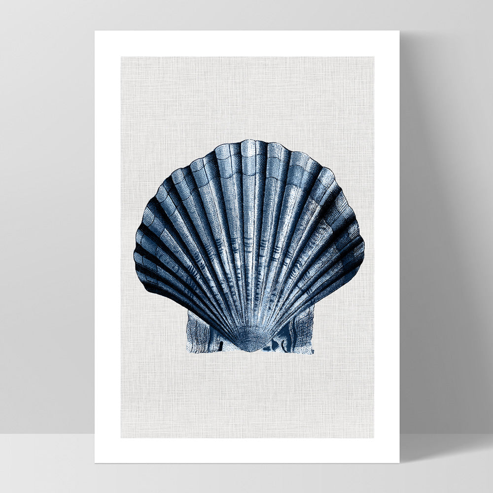 Sea Shells in Navy | Sea Scallop - Art Print, Poster, Stretched Canvas, or Framed Wall Art Print, shown as a stretched canvas or poster without a frame