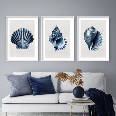 Sea Shells in Navy | Sea Scallop - Art Print, Poster, Stretched Canvas or Framed Wall Art, shown framed in a home interior space