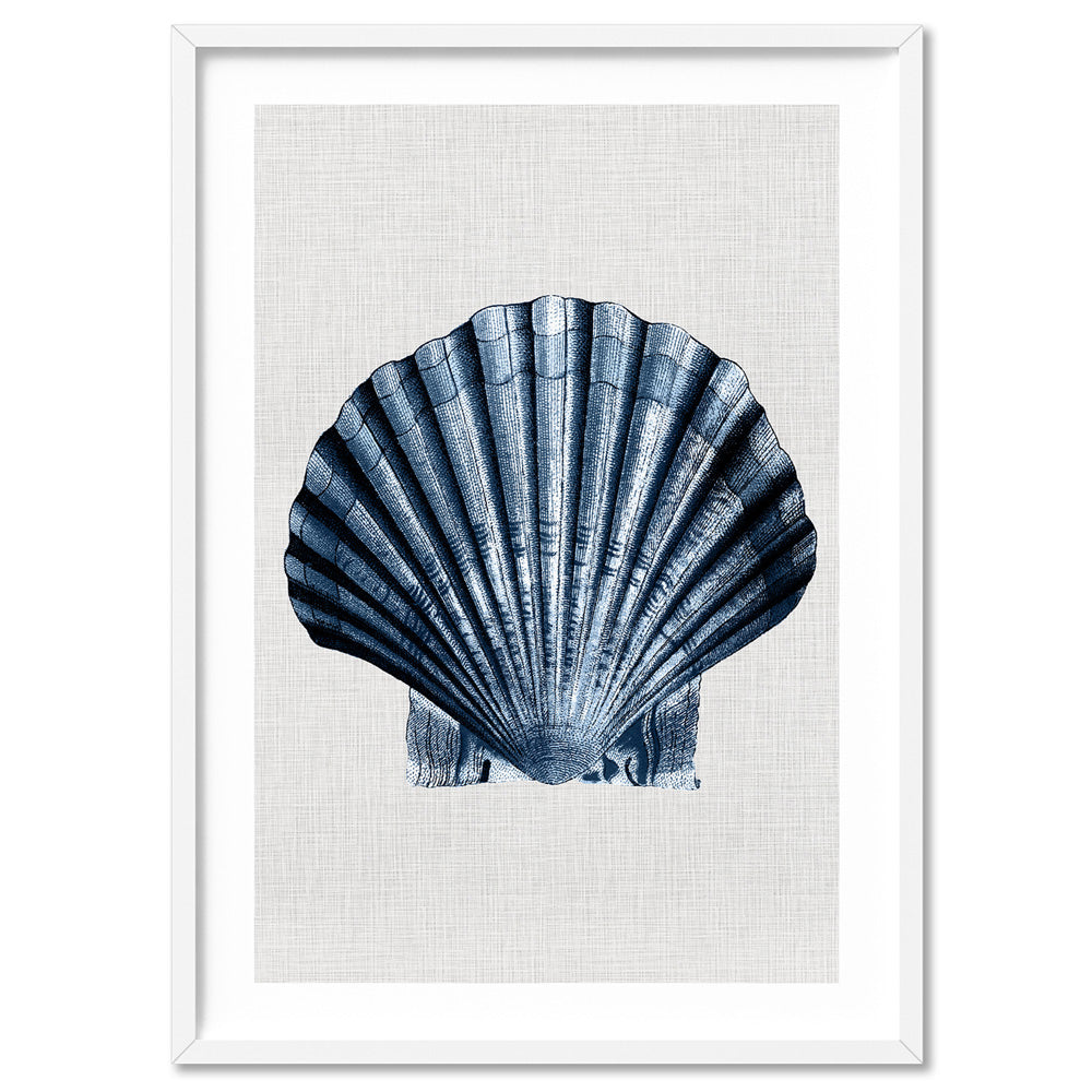 Sea Shells in Navy | Sea Scallop - Art Print, Poster, Stretched Canvas, or Framed Wall Art Print, shown in a white frame