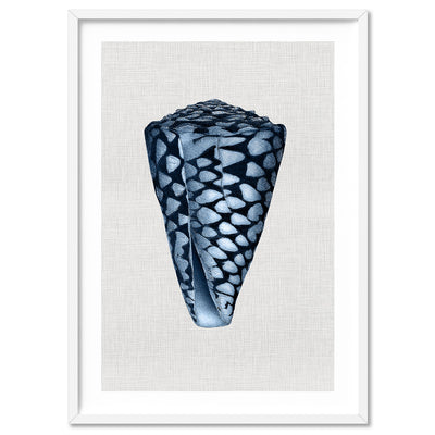 Sea Shells in Navy | Conus Shell - Art Print, Poster, Stretched Canvas, or Framed Wall Art Print, shown in a white frame