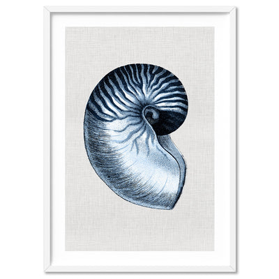 Sea Shells in Navy | Nautilus Shell - Art Print, Poster, Stretched Canvas, or Framed Wall Art Print, shown in a white frame