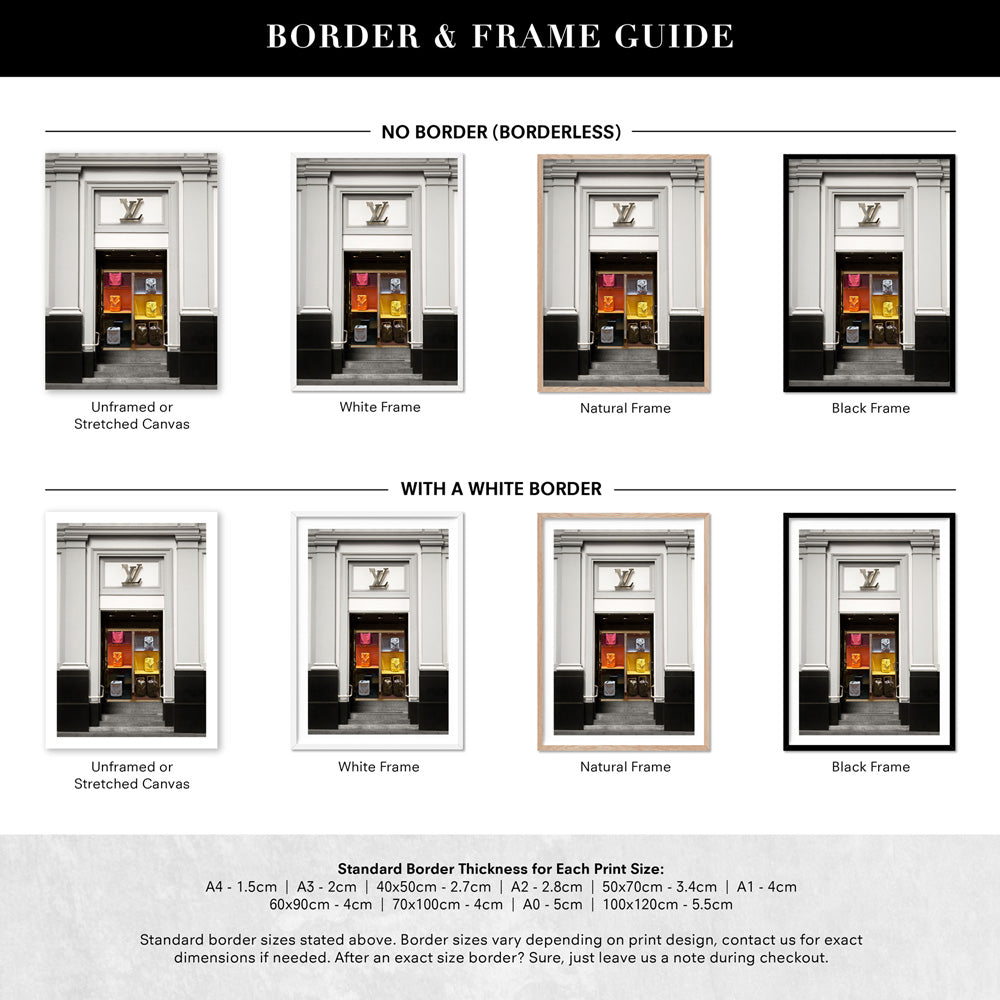 Louis V Baggage Collection - Art Print, Poster, Stretched Canvas or Framed Wall Art, Showing White , Black, Natural Frame Colours, No Frame (Unframed) or Stretched Canvas, and With or Without White Borders