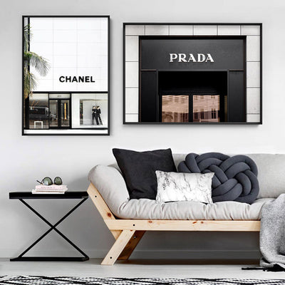 Prada Entrance - Art Print, Poster, Stretched Canvas or Framed Wall Art, shown framed in a home interior space