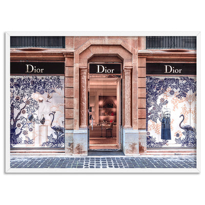 Dior Store in Blush & Blue - Art Print, Poster, Stretched Canvas, or Framed Wall Art Print, shown in a white frame