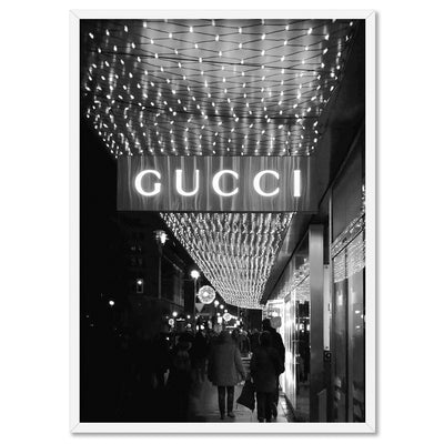 Gucci Lights B&W - Art Print, Poster, Stretched Canvas, or Framed Wall Art Print, shown in a white frame