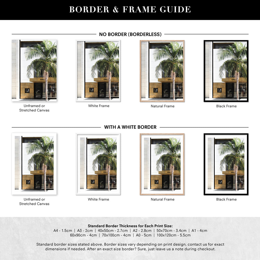 Coco Rodeo Drive II - Art Print, Poster, Stretched Canvas or Framed Wall Art, Showing White , Black, Natural Frame Colours, No Frame (Unframed) or Stretched Canvas, and With or Without White Borders