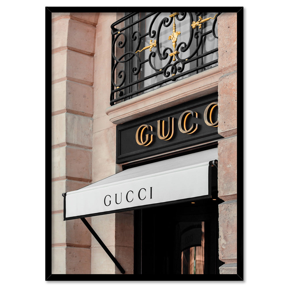Gucci Facade in Blush - Art Print, Poster, Stretched Canvas, or Framed Wall Art Print, shown in a black frame