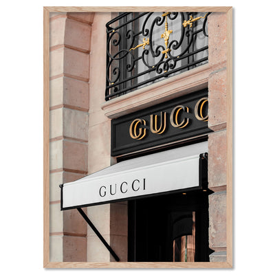 Gucci Facade in Blush - Art Print, Poster, Stretched Canvas, or Framed Wall Art Print, shown in a natural timber frame