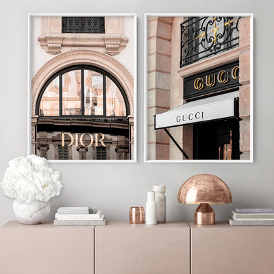 Gucci Facade in Blush - Art Print, Poster, Stretched Canvas or Framed Wall Art, shown framed in a home interior space