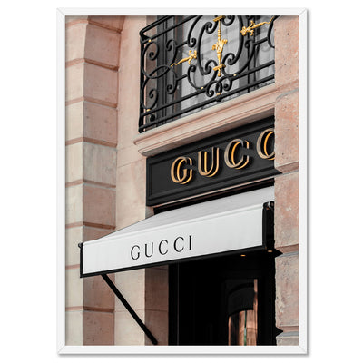 Gucci Facade in Blush - Art Print, Poster, Stretched Canvas, or Framed Wall Art Print, shown in a white frame