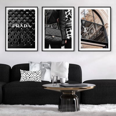 Prada En Noir - Art Print, Poster, Stretched Canvas or Framed Wall Art, shown framed in a home interior space