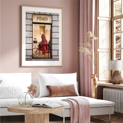 Fendi En Rouge - Art Print, Poster, Stretched Canvas or Framed Wall Art Prints, shown framed in a room