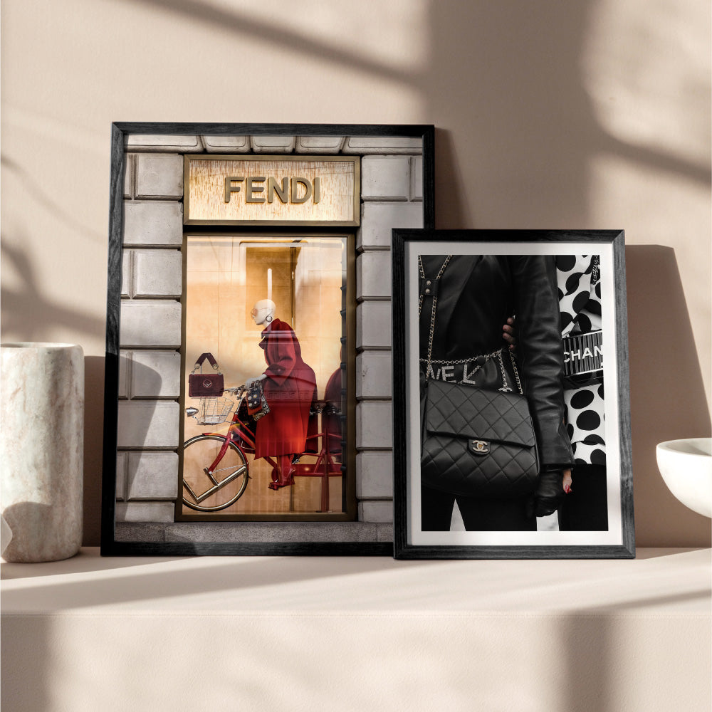 Fendi En Rouge - Art Print, Poster, Stretched Canvas or Framed Wall Art, shown framed in a home interior space
