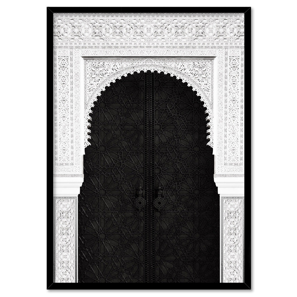 Ornate Moroccan Doorway in Black & White - Art Print, Poster, Stretched Canvas, or Framed Wall Art Print, shown in a black frame