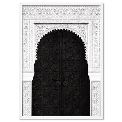 Ornate Moroccan Doorway in Black & White - Art Print, Poster, Stretched Canvas, or Framed Wall Art Print, shown in a white frame