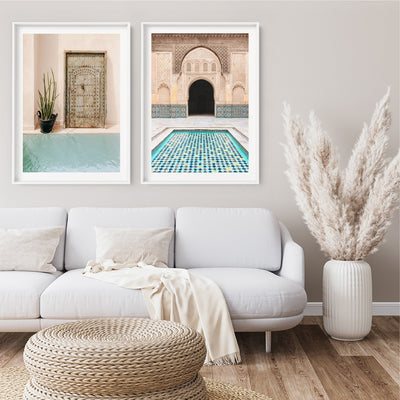 Blush and Blue in Morocco - Art Print, Poster, Stretched Canvas or Framed Wall Art, shown framed in a home interior space