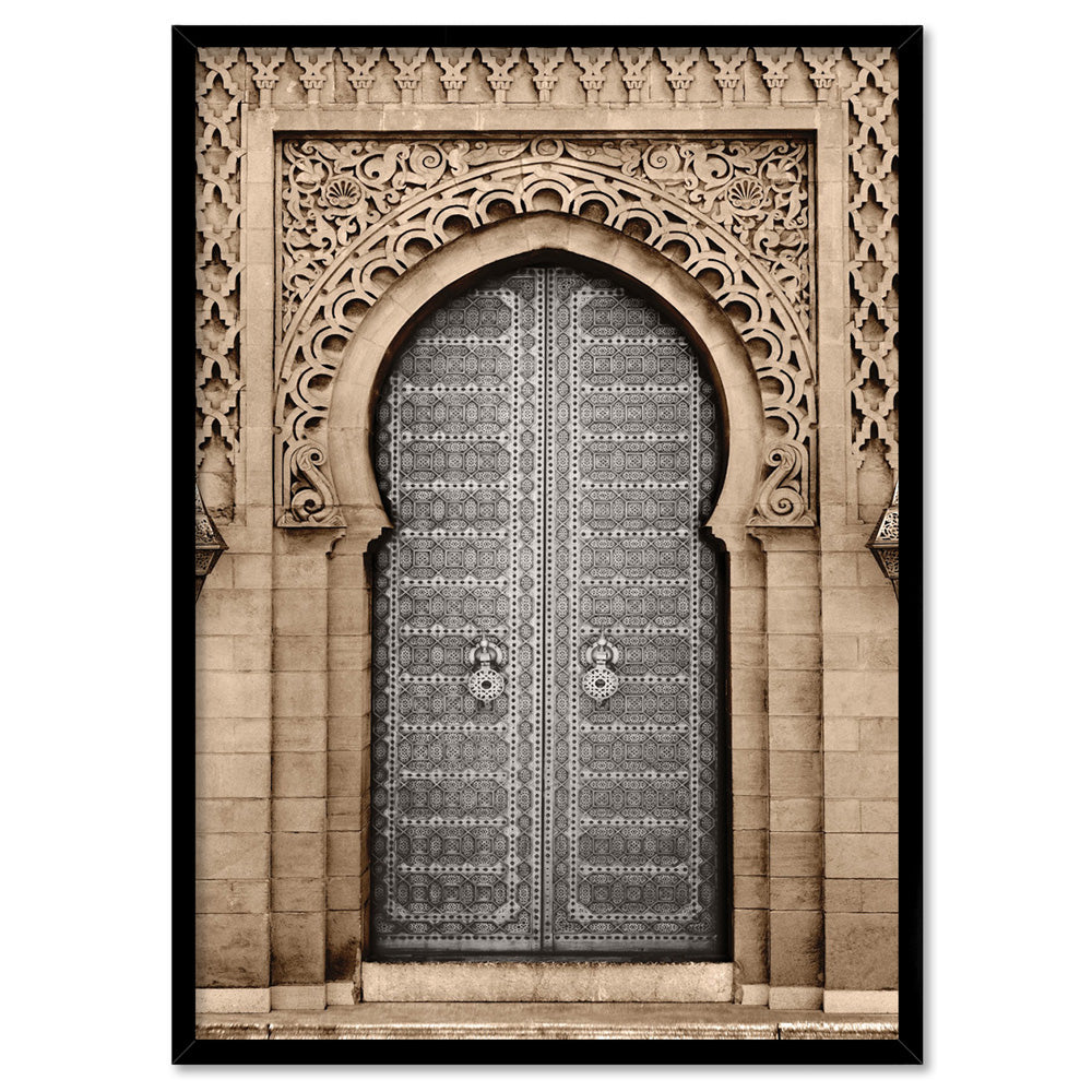 Moroccan Doorway in Brown - Art Print, Poster, Stretched Canvas, or Framed Wall Art Print, shown in a black frame