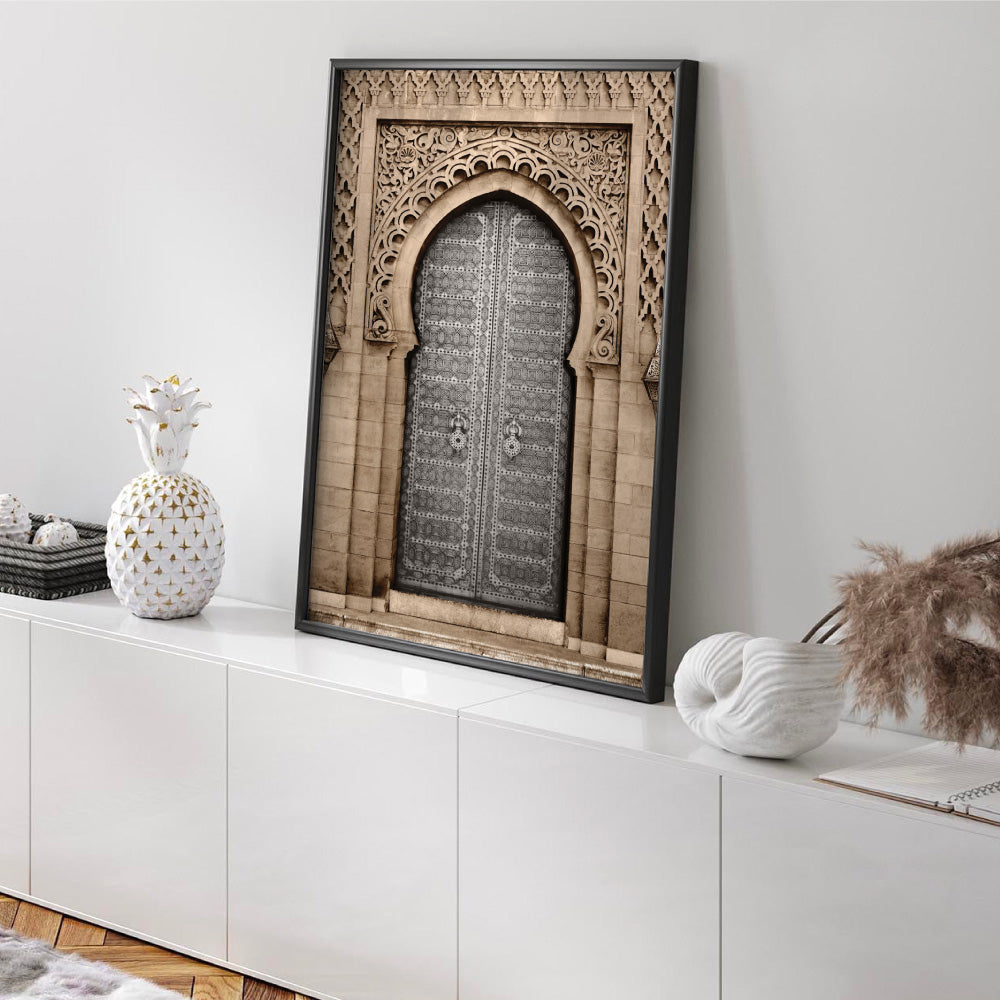 Moroccan Doorway in Brown - Art Print, Poster, Stretched Canvas or Framed Wall Art Prints, shown framed in a room