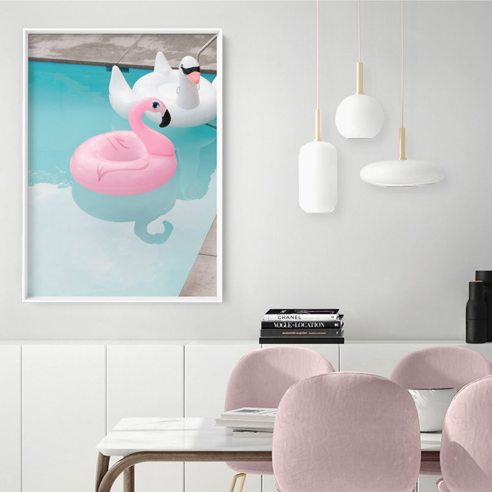 Palm Springs | Flamingo Duo - Art Print, Poster, Stretched Canvas or Framed Wall Art Prints, shown framed in a room