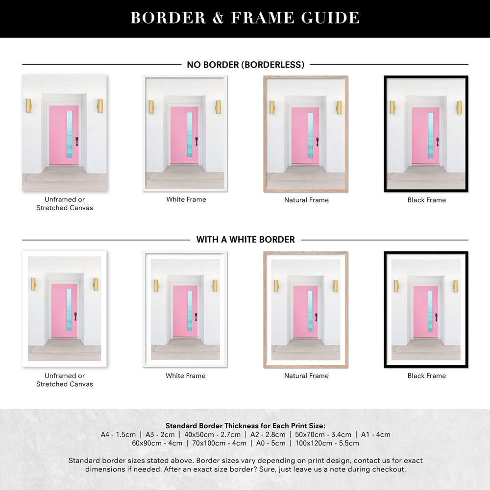 Palm Springs | Pink Door II - Art Print, Poster, Stretched Canvas or Framed Wall Art, Showing White , Black, Natural Frame Colours, No Frame (Unframed) or Stretched Canvas, and With or Without White Borders