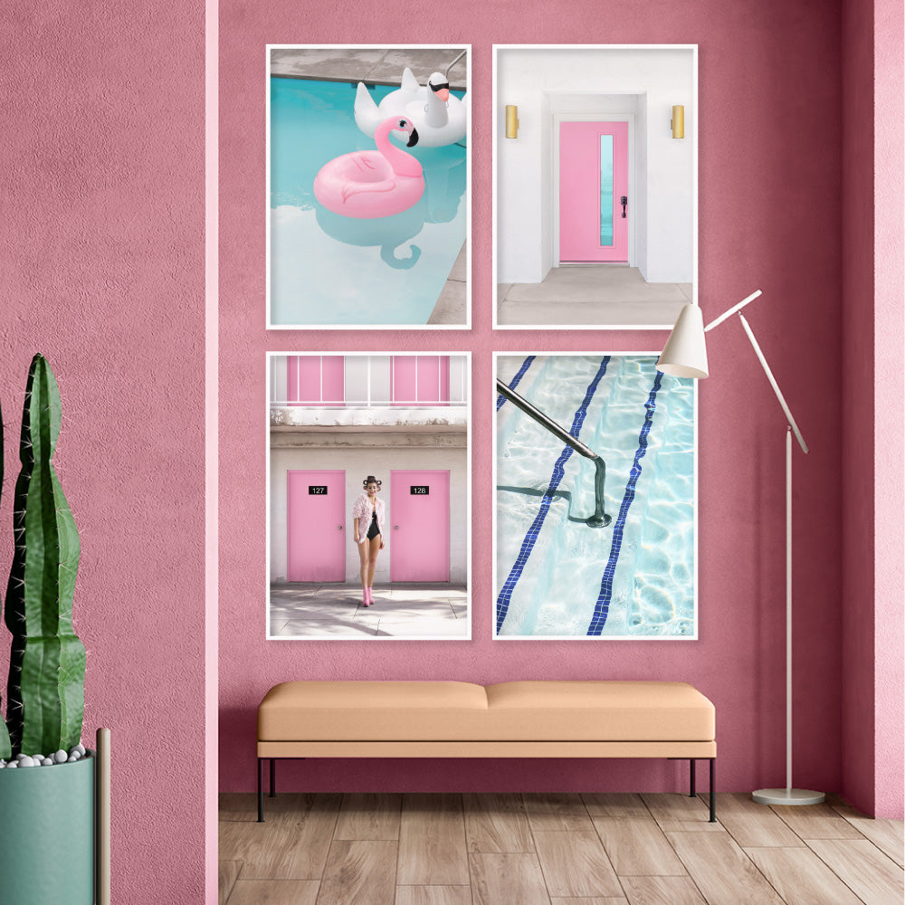 Palm Springs | Pink Door II - Art Print, Poster, Stretched Canvas or Framed Wall Art, shown framed in a home interior space