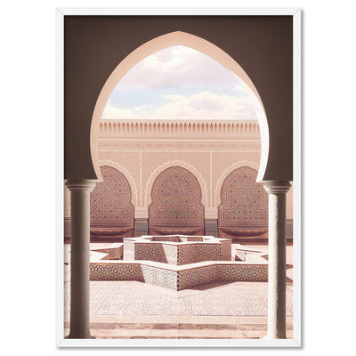 Fountain Plaza in Blush Morocco - Art Print, Poster, Stretched Canvas, or Framed Wall Art Print, shown in a white frame