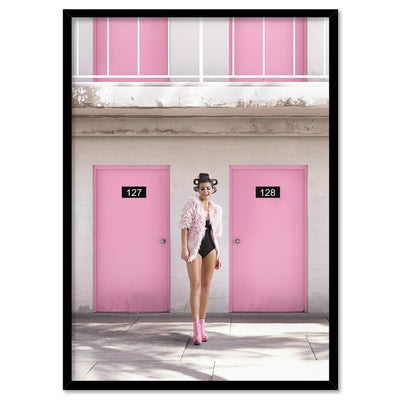 Palm Springs | Pink Motel - Art Print, Poster, Stretched Canvas, or Framed Wall Art Print, shown in a black frame
