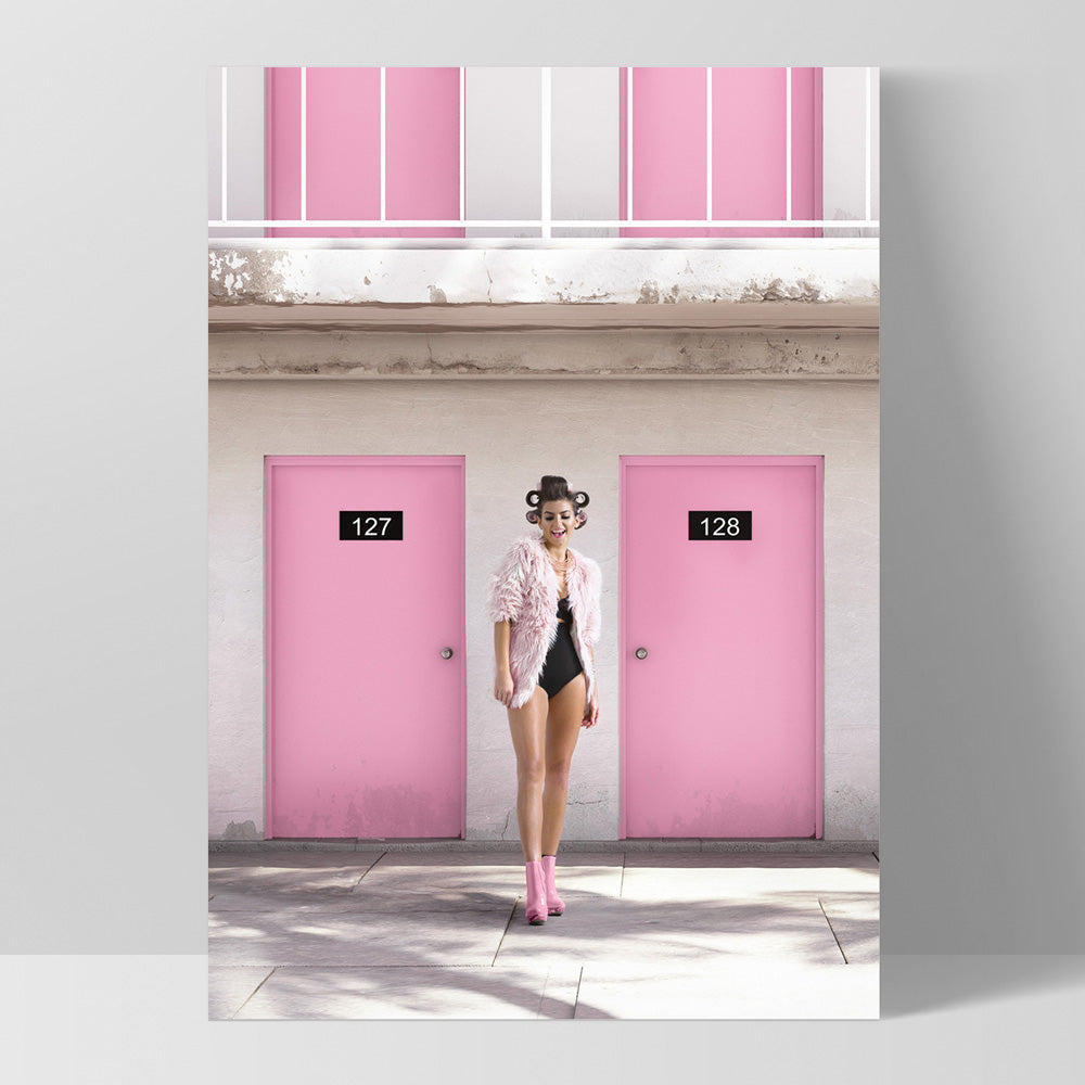 Palm Springs | Pink Motel - Art Print, Poster, Stretched Canvas, or Framed Wall Art Print, shown as a stretched canvas or poster without a frame