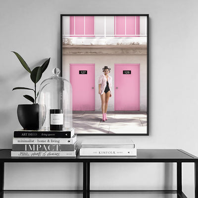 Palm Springs | Pink Motel - Art Print, Poster, Stretched Canvas or Framed Wall Art Prints, shown framed in a room