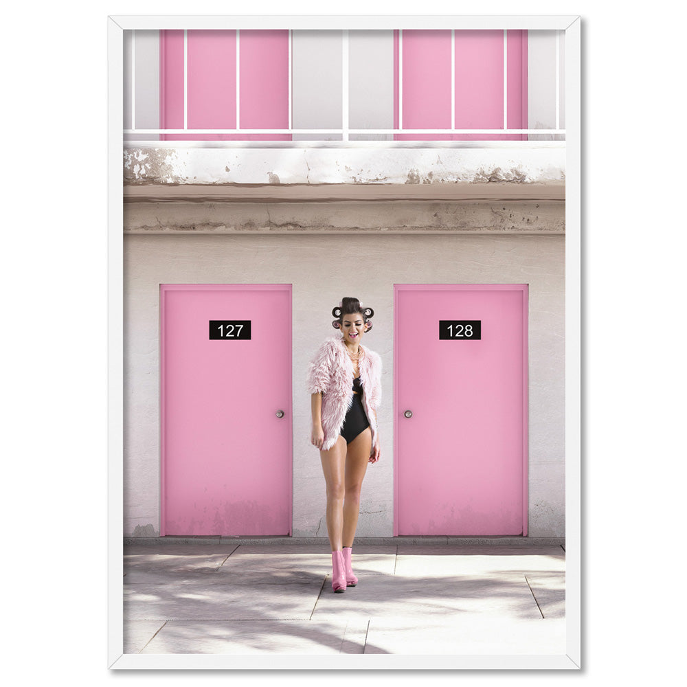 Palm Springs | Pink Motel - Art Print, Poster, Stretched Canvas, or Framed Wall Art Print, shown in a white frame