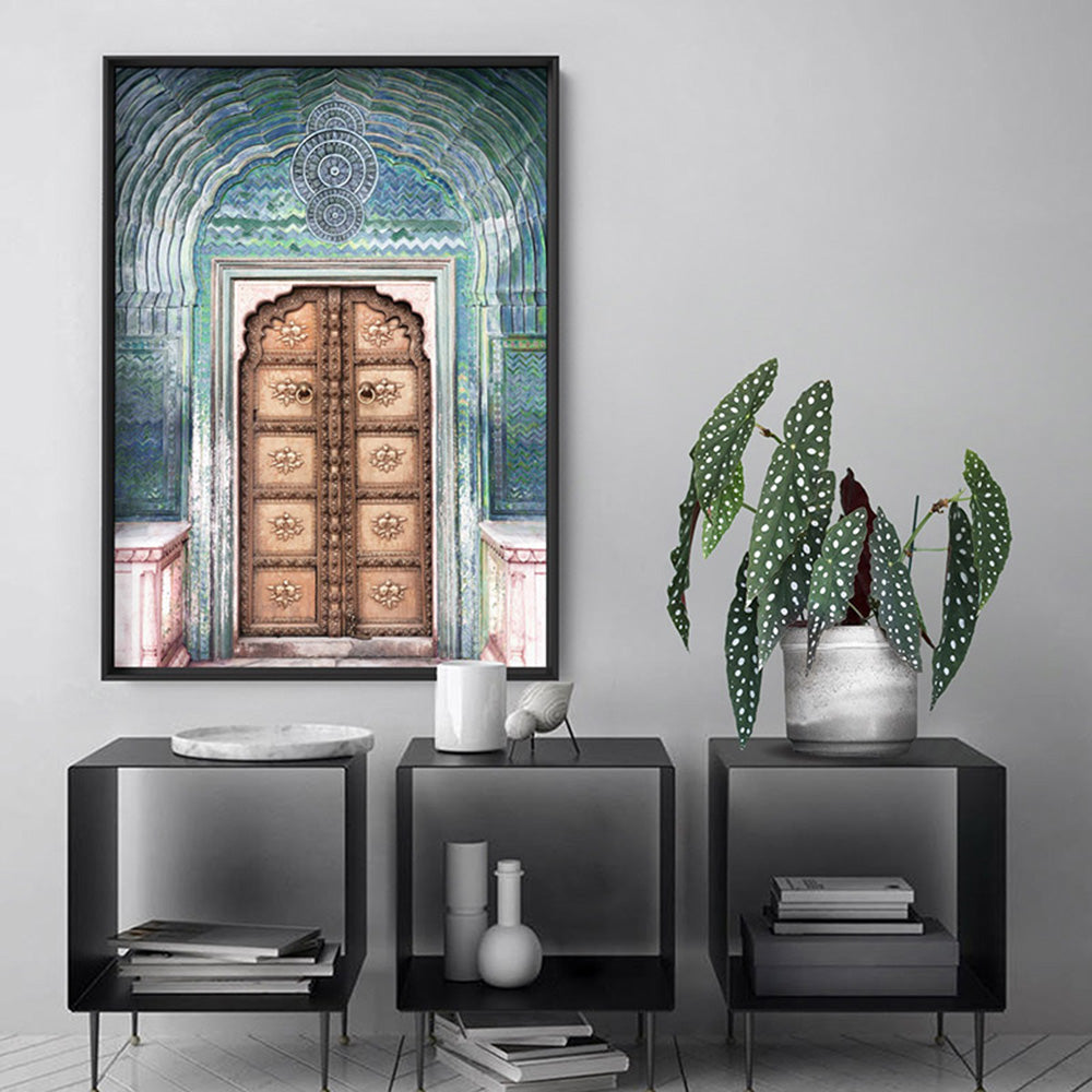 Peacock Doorway in Jaipur City Palace - Art Print, Poster, Stretched Canvas or Framed Wall Art Prints, shown framed in a room