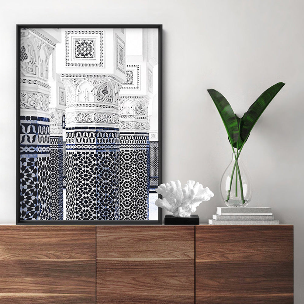 Oriental Luxury, Watercolour Pillars Morocco - Art Print, Poster, Stretched Canvas or Framed Wall Art, shown framed in a room