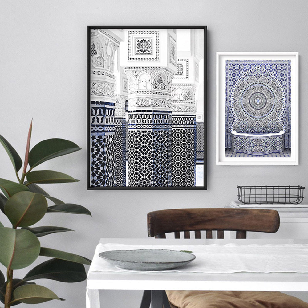 Oriental Luxury, Watercolour Pillars Morocco - Art Print, Poster, Stretched Canvas or Framed Wall Art, shown framed in a home interior space