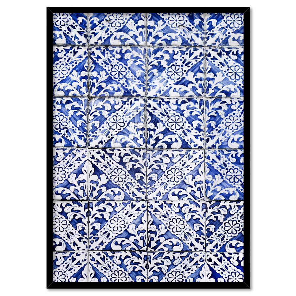 Hamptons Blue Tile Mosaic - Art Print, Poster, Stretched Canvas, or Framed Wall Art Print, shown in a black frame
