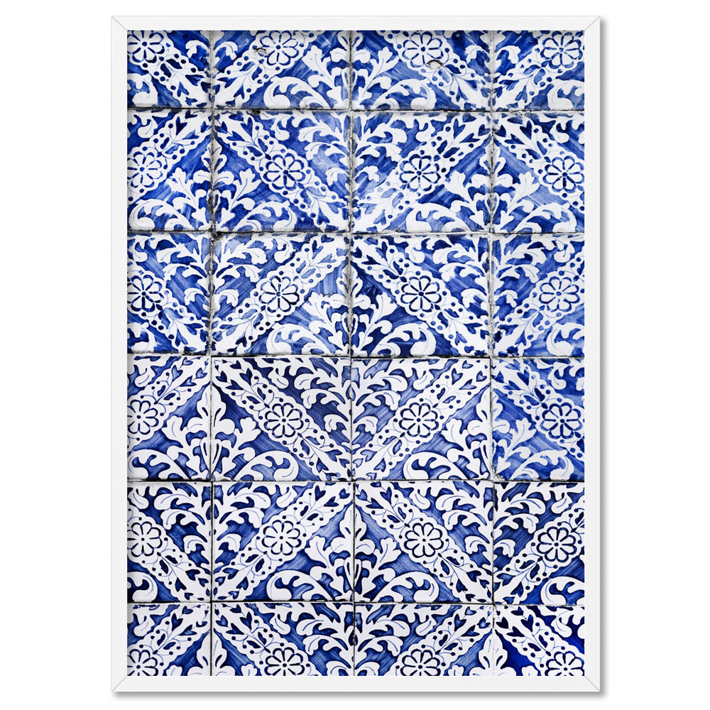 Hamptons Blue Tile Mosaic - Art Print, Poster, Stretched Canvas, or Framed Wall Art Print, shown in a white frame