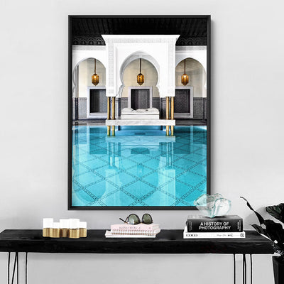 Oriental Poolside Luxe I - Art Print, Poster, Stretched Canvas or Framed Wall Art, shown framed in a room