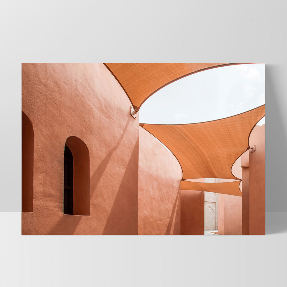 Terracotta Hideaway in Morocco - Art Print, Poster, Stretched Canvas, or Framed Wall Art Print, shown as a stretched canvas or poster without a frame
