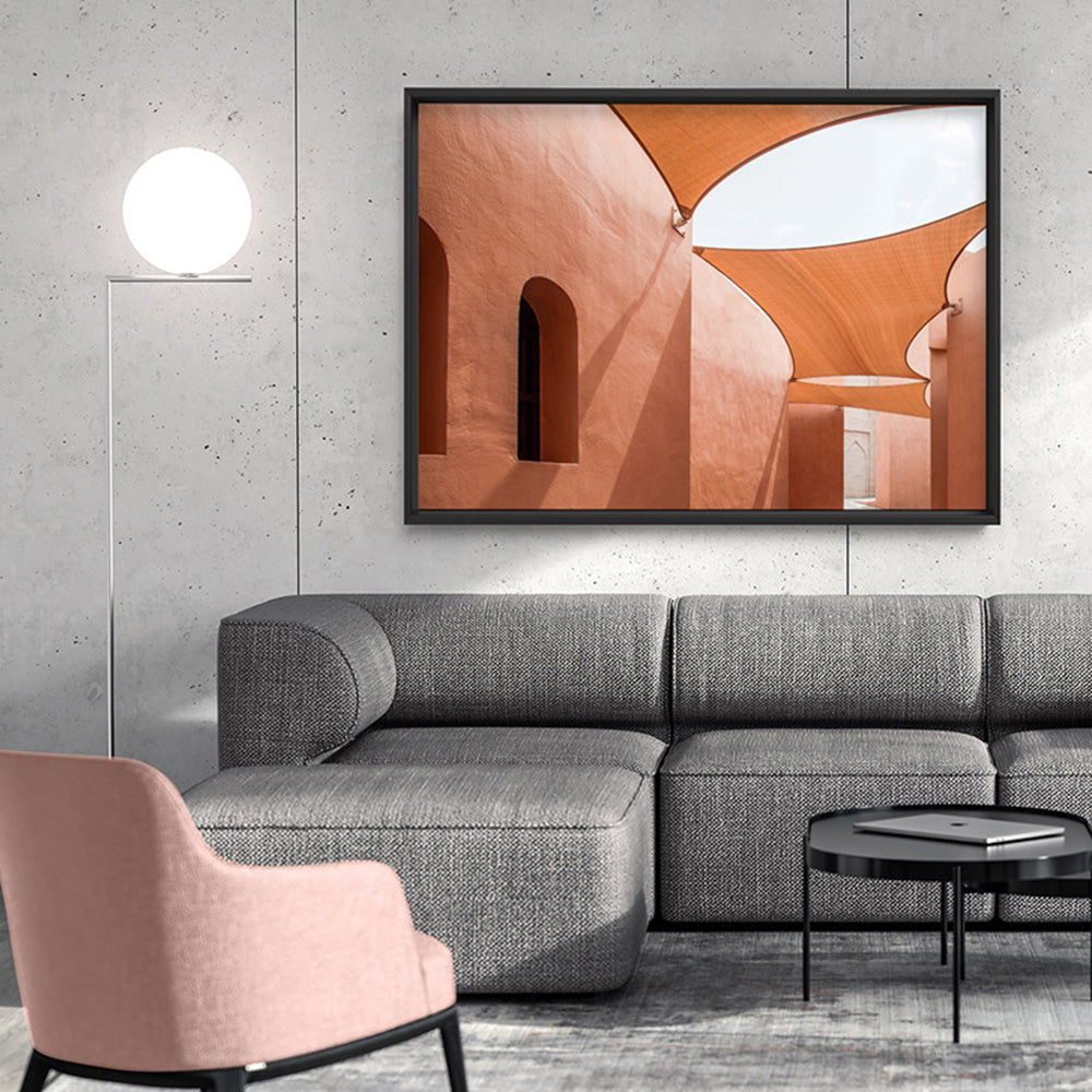 Terracotta Hideaway in Morocco - Art Print, Poster, Stretched Canvas or Framed Wall Art, shown framed in a room
