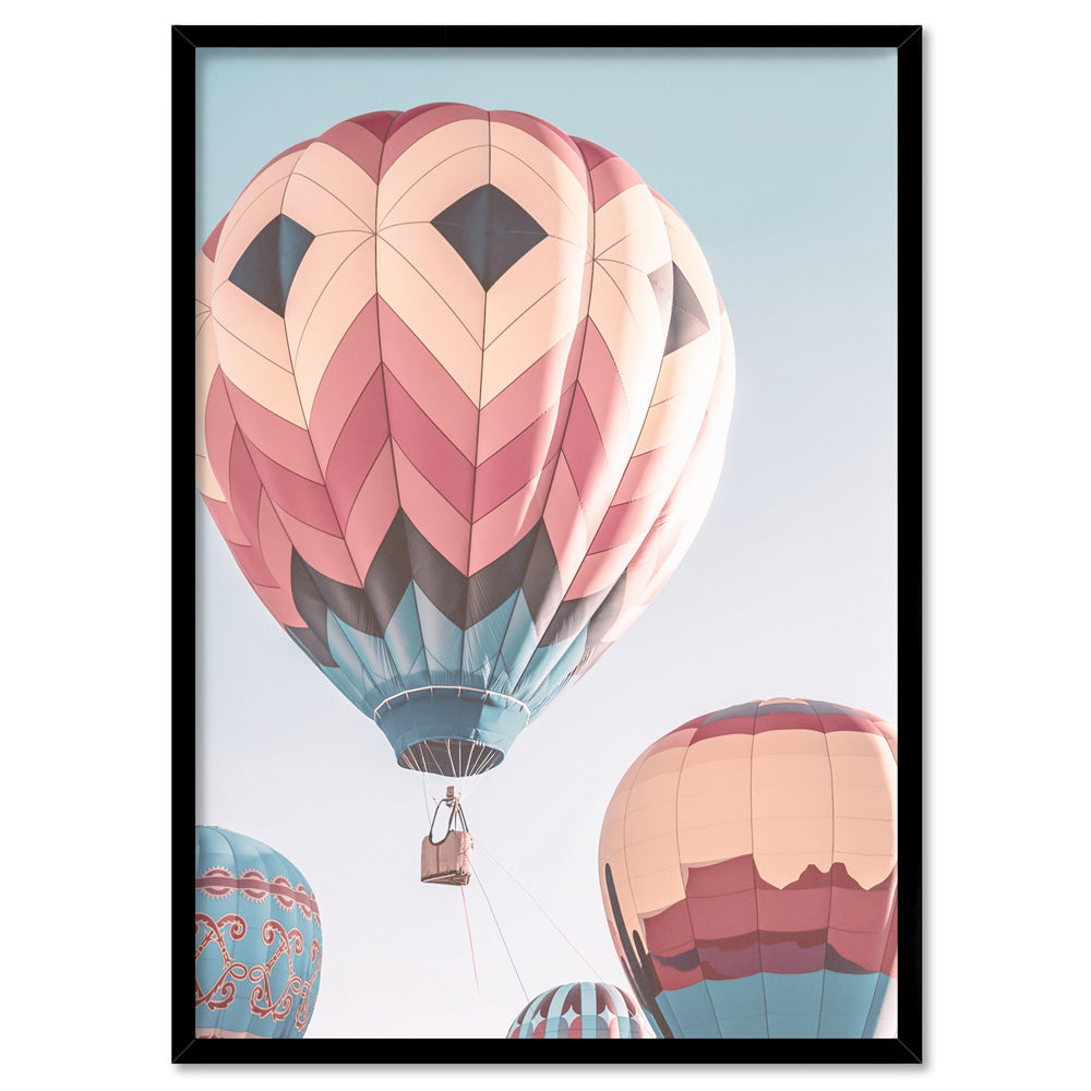 Hot Air Balloons in Vivid Pastels  - Art Print, Poster, Stretched Canvas, or Framed Wall Art Print, shown in a black frame