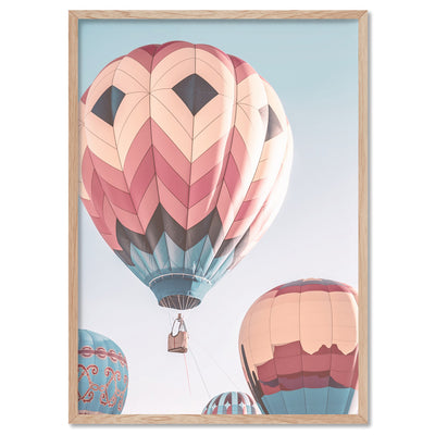 Hot Air Balloons in Vivid Pastels  - Art Print, Poster, Stretched Canvas, or Framed Wall Art Print, shown in a natural timber frame