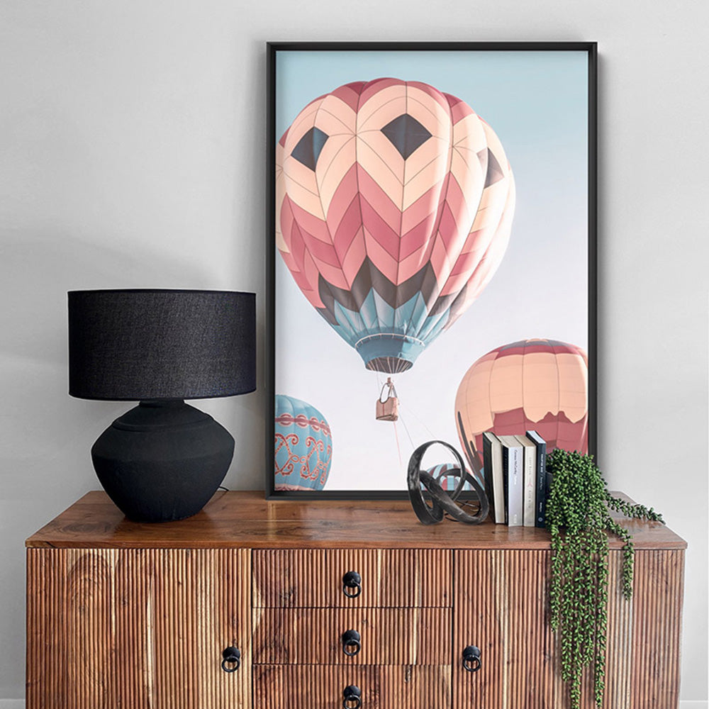 Hot Air Balloons in Vivid Pastels  - Art Print, Poster, Stretched Canvas or Framed Wall Art, shown framed in a room